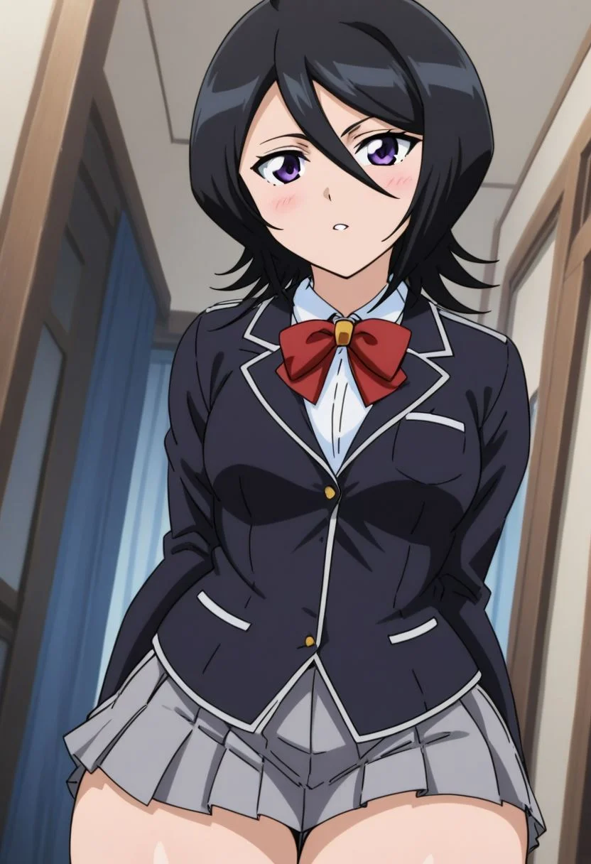 rukia kuchiki, black hair, hair between eyes, purple eyes, short hair, small breast, thick thighs, school outfit,
