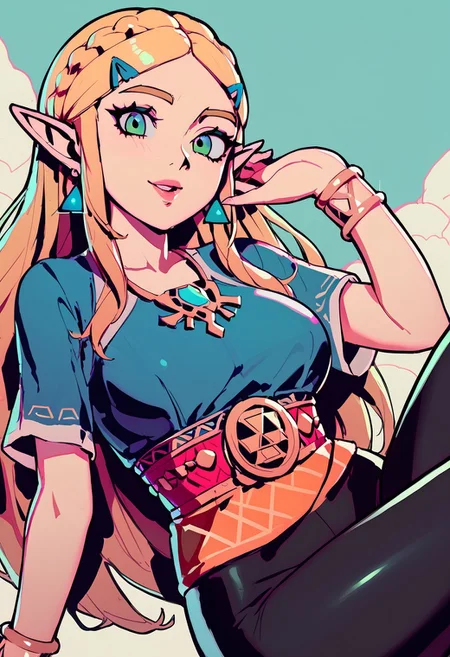 score_9, score_8_up, score_7_up, score_6_up, score_5_up, score_4_up, source_cartoon, <lora:confetti-extract- ponyxl:0.85>, detailed eyes, easynegative, rating_explicit, Expressiveh, 1girl, solo, smiling at viewer, smile, close up, datcravat, lips
pointy ears, zeldadress, dress, tiara, bracelet, earrings,  hairclips
princess zelda/the legend of zelda/, green eyes, thick eyebrows, jewelry, blonde hair, long hair, bangs, parted bangs, sidelocks, blue shirt, tight pants, black pants, triforce, big breasts