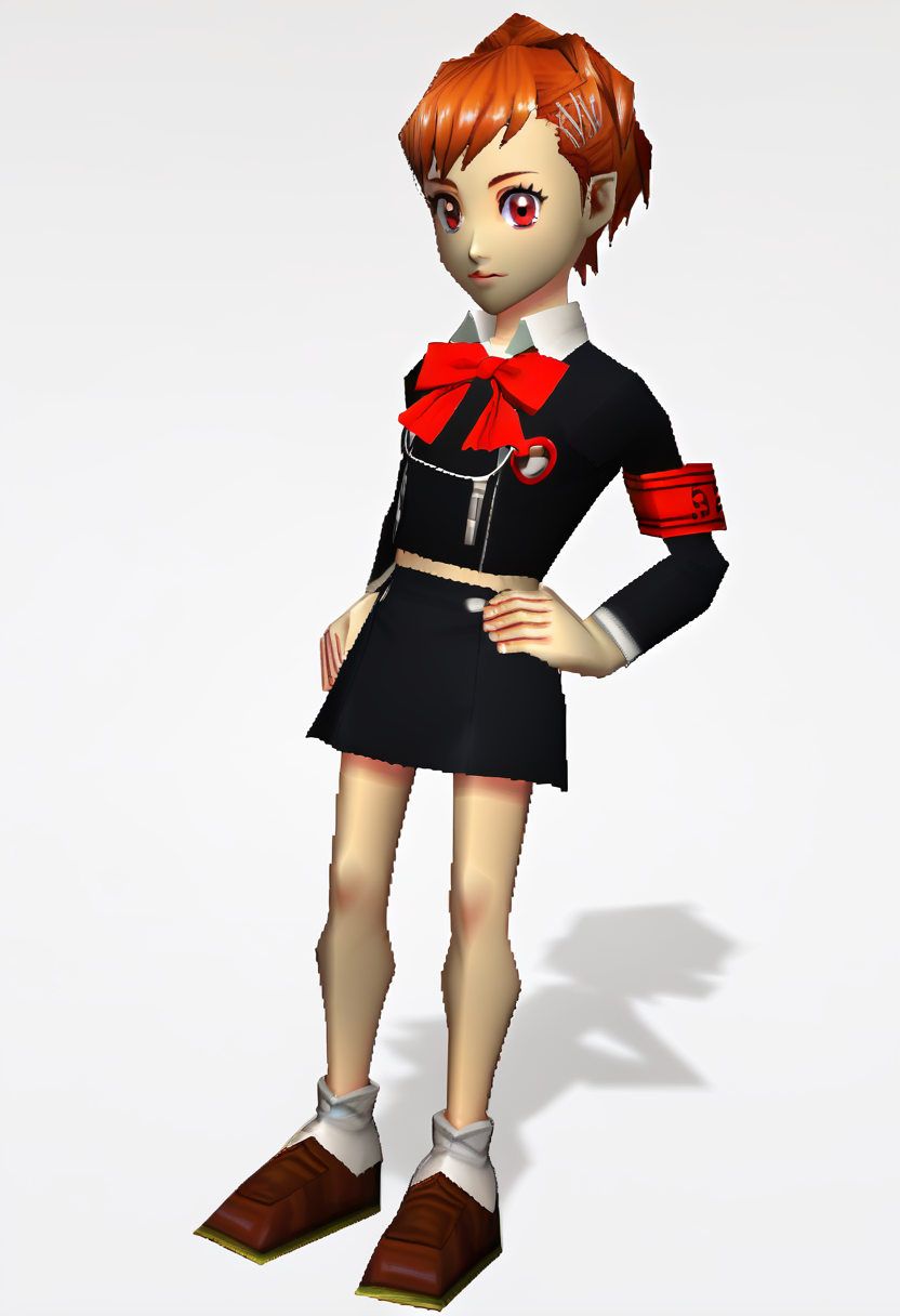 score_9, score_8_up, score_7_up, source_anime, BREAK 1girl, looking at viewer, hand on own hip, <lora:zs_N64ZeldaStyleXL:1> n64zeldastyle, 3d, polygonal, white background, full body, <lora:persona3_shiomi_ponyXL:1> shiomi kotone, hairclip, gekkoukan high school uniform, black jacket, red bow, armband, long sleeves, black skirt, headphones, digital media player