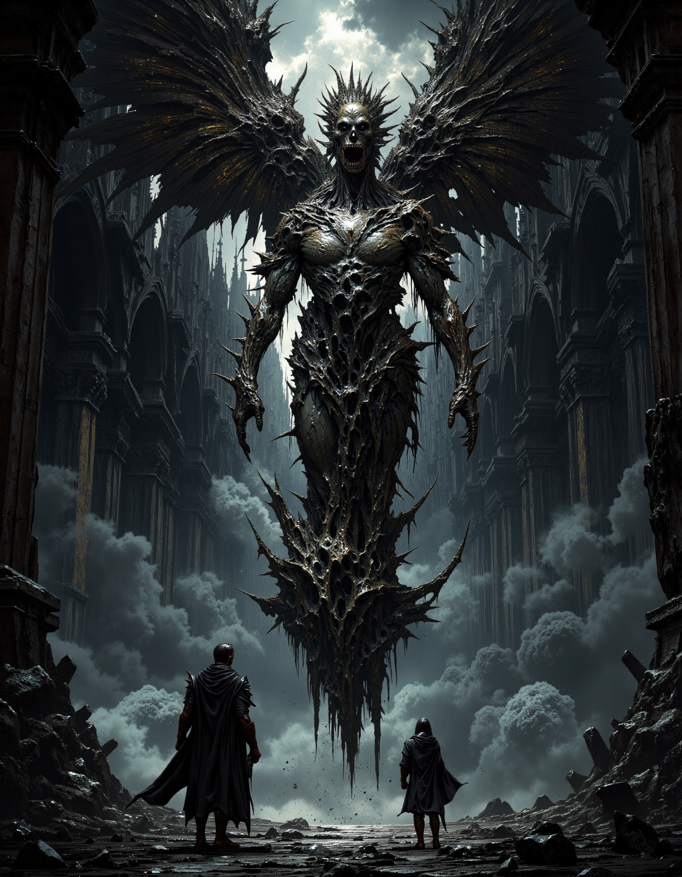 hyper realistic and highly detailed, highly dynamic cinematic panorama view, concept art concept art a classical baroque painting of a cinematic ending to a bloodborne boss, dark fantasy, ancient era, a man emerging from an eldritch flesh portal, alien human spider angel hybrid, prophecy being fulfilled, Megalophobia, feeling of insignificance, zoomed all the way out, Dutch angle, extreme image angle, extreme violence, horrific in appearance, highly detailed, extremely detailed painting, extreme Trypophobia, digital artwork, illustrative, painterly, matte painting, highly detailed, religious connotations, blind-folded, incomprehensible, human body melded together in a gruesome manner, broken angel wings, body horror, zoomed out to see an unholy cathedral, . digital artwork, illustrative, painterly, matte painting, highly detailed,  Steel Gray hue and Pewter tint, atmospheric haze, panoramic zoomed out view, highly dramatic lighting, MythP0rt
<lora:FredFraiStyle-FLUX-Share:0.5>  <lora:FluxMythP0rtr4itStyle:0.7>   <lora:dark_fantasy_flux:0.9>