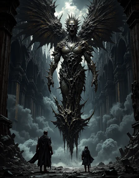 hyper realistic and highly detailed, highly dynamic cinematic panorama view, concept art concept art a classical baroque painting of a cinematic ending to a bloodborne boss, dark fantasy, ancient era, a man emerging from an eldritch flesh portal, alien human spider angel hybrid, prophecy being fulfilled, Megalophobia, feeling of insignificance, zoomed all the way out, Dutch angle, extreme image angle, extreme violence, horrific in appearance, highly detailed, extremely detailed painting, extreme Trypophobia, digital artwork, illustrative, painterly, matte painting, highly detailed, religious connotations, blind-folded, incomprehensible, human body melded together in a gruesome manner, broken angel wings, body horror, zoomed out to see an unholy cathedral, . digital artwork, illustrative, painterly, matte painting, highly detailed,  Steel Gray hue and Pewter tint, atmospheric haze, panoramic zoomed out view, highly dramatic lighting, MythP0rt
<lora:FredFraiStyle-FLUX-Share:0.5>  <lora:FluxMythP0rtr4itStyle:0.7>   <lora:dark_fantasy_flux:0.9>
