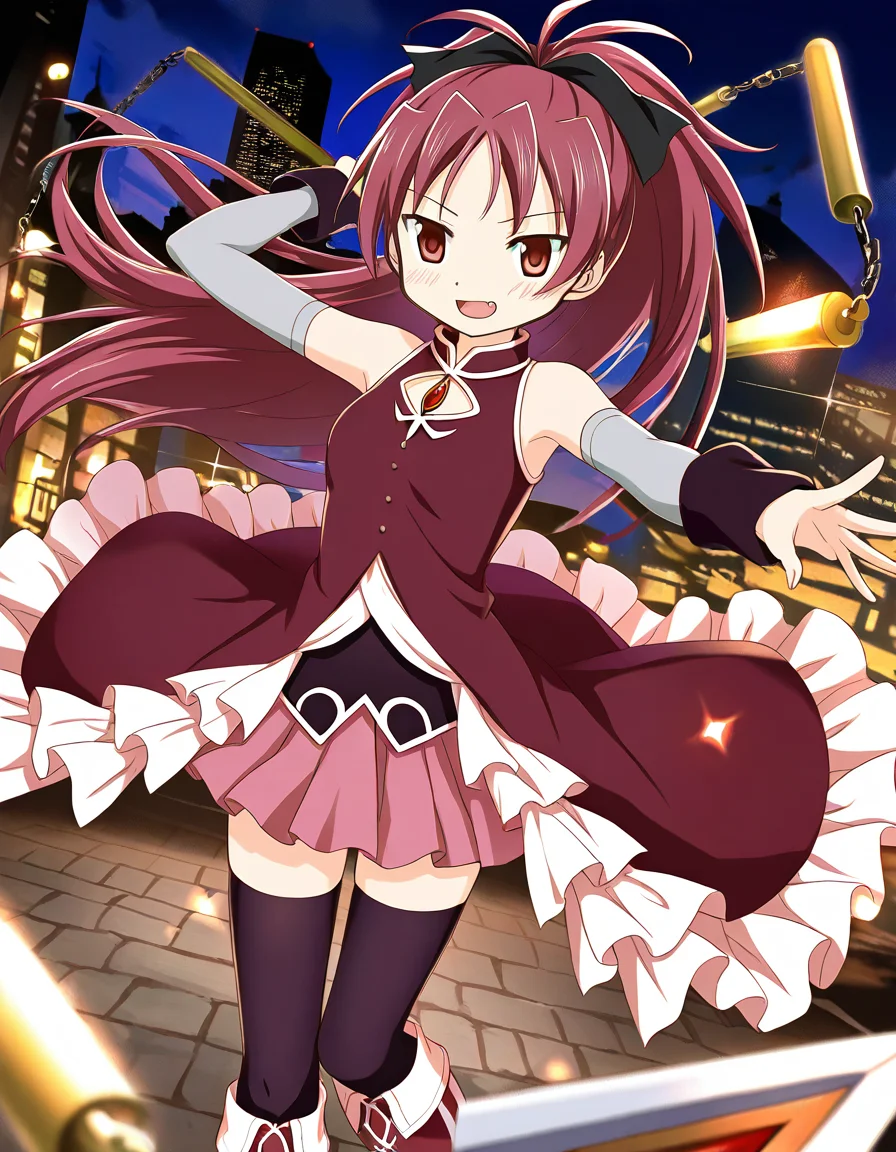 masterpiece, best quality, newest, absurdres, highres, safe, 1girl, sakura kyoko, magia record: mahou shoujo madoka magica gaiden, solo, holding spear, city, night, dutch angle
, <lora:sakura_kyoko_noobaiXLNAIXL_vPred10Version:0.7>