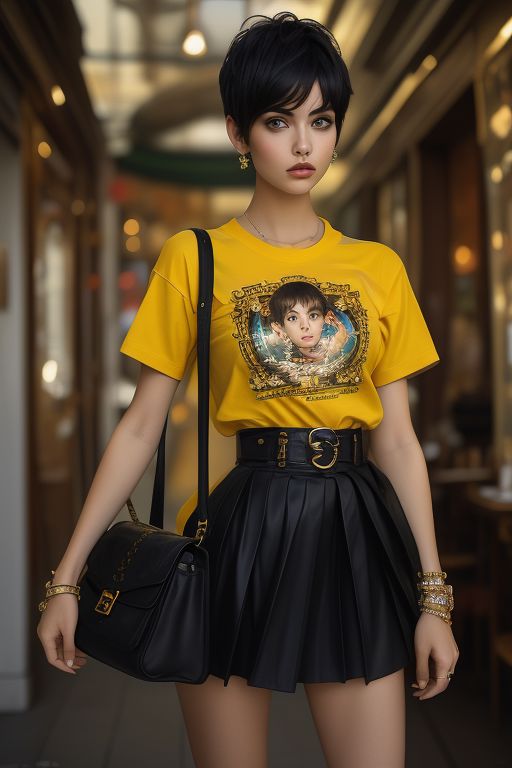 masterpiece,best quality,ultra_detailed, bellissima, 1girl ,  westwood style, haircut style pixie, miniskirt, shirt, from below, shoulder bag  ,by Ellen von Unwerth