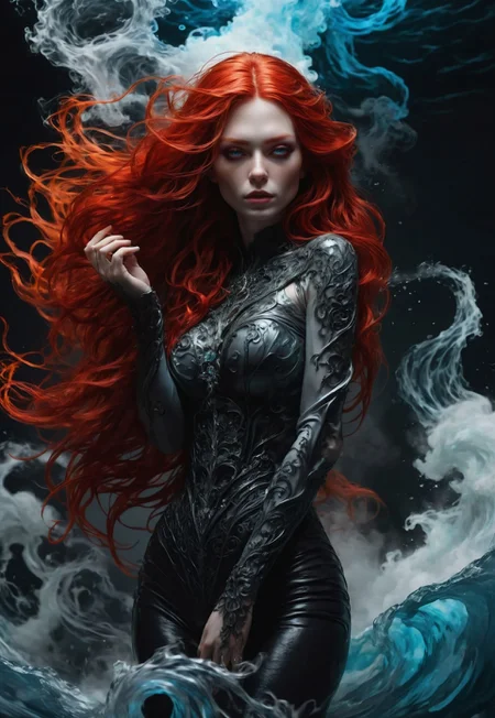 safe_pos, 40 years old sexy jeisa chiminazzo, (strong wind and water:1.6), hot red & black super long hair, magic ice from her hands, sideways, tall petite slim, tall, pale white skin, room full of smoke, high-contrast lighting, vivid textures, edgy, surrealism