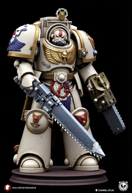 Score_9_up, absurdres, Source: GamesWorkshop, best quality, expressive eyes, perfect face, space marine, Ultramarines Astartes Chapter space marine in terminator armor holding a chainsword, terminator helmet, full body, volumetric lighting project unreal engine, mantisdetailerse, adddetails, <lora:PeopleCountSliderLoRAv1:2.0>, <lora:warhammerAdeptus_v1:0.7>,