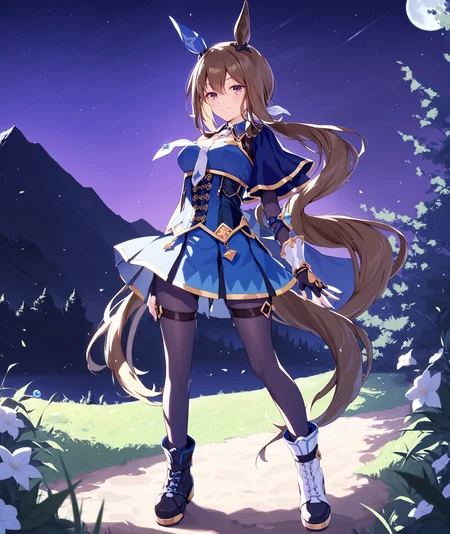 score_9, score_8_up, score_7_up, source_anime,
outdoors, moutain, night, grassland, moon light, dark, mountainous horizon,
shobufuku, 1girl, solo, purple eyes,
standing, full body,
bangs, hair between eyes, ponytail,brown hair, long hair, horse ears, horse girl, horse tail, ear covers,
looking at viewer, blush, smile, black sleeves, gem, jewelry,
blue skirt, single fingerless glove, black pantyhose, necktie, thigh strap, (black boot, white boot, asymmetrical footwear, mismatched footwear),
<lora:Admire_vega_XL-ponyXL_optV2-000008:1>