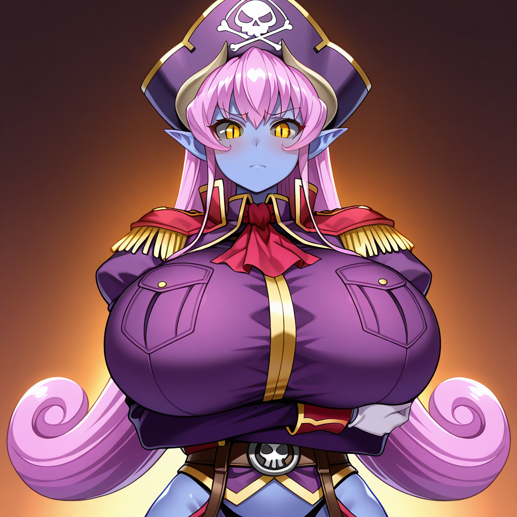 best quality, amazing quality, absurdres, uncensored, detailed eyes, perfect eyes, extremely detailed CG, extremely detailed face, perfect face, detailed Lora, best quality, anime, masterpiece, beautiful eyes, beautiful face, high resolution, distinct image, 4k, 8k, high_resolution, high, super, hyper, perfect_finger, distinct_image BREAK <lora:Aku_no_Onna_Kanbu_-_Ephanatica:1>Ew_Ephanatica, 1girl, solo, blue skin, colored skin, huge breasts, yellow eyes, slit pupils, grey sclera, colored sclera, pink hair, long hair, pointy ears, horns, pirate hat, white gloves, belt, pocket, ascot, epaulettes, purple military uniform, black panties, underwear, hip vent, high heel boots, black footwear, upper body, breast hold, looking at viewer