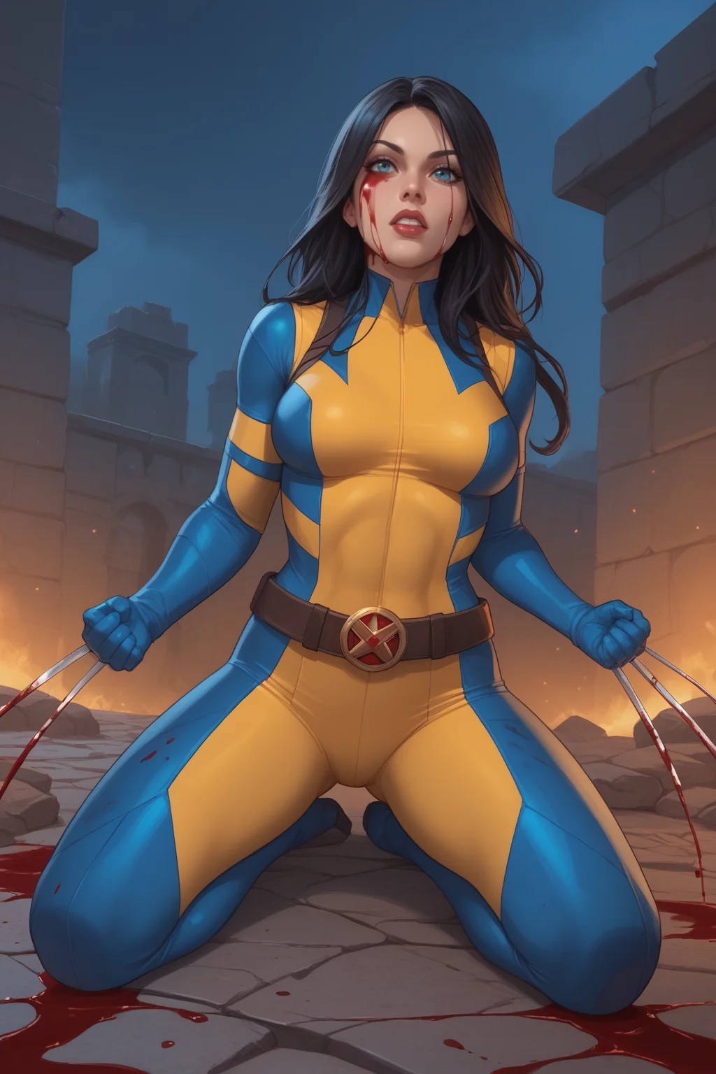 score_9, score_8_up, score_7_up, masterpiece, high quality, BREAK
<lora:Laura Kinney X-23PonyLoRA:0.8>LraKinyX, long hair, bodysuit, gloves, belt, weapons, claws, blood in face, bloody splash, blood, sitting on a stone in some ruins, night, torn clothes, dirty clothes,