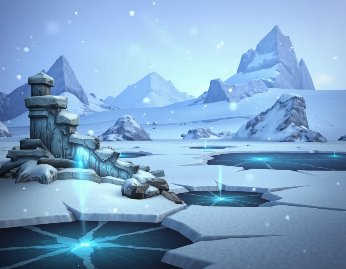 WOW_Character_Style, This image is a digital drawing of a World of Warcraft environment, depicting a frozen tundra. The landscape is vast and desolate, with icy winds blowing across the barren, snow-covered ground. Jagged mountains rise in the distance, their peaks capped with snow, and frozen lakes dot the landscape, their surfaces cracked and shimmering with ice. Massive glaciers loom on the horizon, and snowflakes drift gently through the air. In the foreground, an abandoned fortress of stone and ice stands crumbling, its walls covered in frost. The lighting is cold and harsh, with a pale blue sky casting a frigid glow over the scene. The colors are dominated by whites, blues, and grays, with occasional flashes of silver and ice. The overall mood is one of isolation and extreme cold, with a haunting beauty and a sense of ancient desolation.