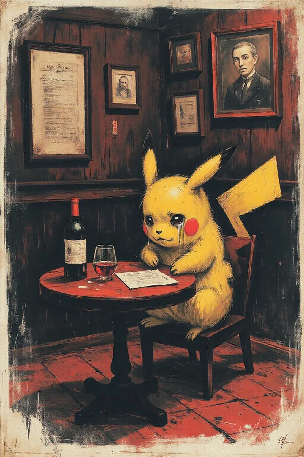 apoca1 illustration.
Close up of Pikachu sitting at a small round table with a bottle of wine, Tear are rolling down his face. <lora:apocalypse_now1_fl_d4a2:1.0> <lora:Flux-Sch-SingleBlocks-BF16:1.0><lora:802368924185332649:0>