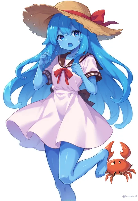 slime girl, 1girl, hat, monster girl, dress, solo, colored skin, blue hair, blue eyes, crab, open mouth, long hair, straw hat, simple background, twitter username, liquid hair, ribbon, white dress, neck ribbon, blue skin, white background, standing, red ribbon, hands up, short sleeves, standing on one leg, sailor dress, sailor collar <lora:slime_girl_pony:1> score_9, score_8_up, score_7_up, score_6_up, score_5_up, score_4_up, source anime, transparent,