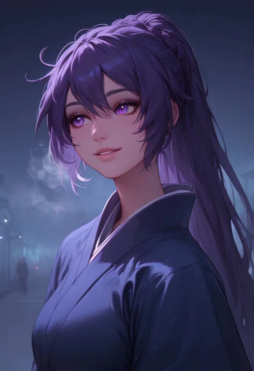 score_9, score_8_up, score_7_up, score_6_up, female portrait, 1girl, solo, Kiana, long hair, smile, bangs, purple eyes, braid, raven hair, ponytail, kimono, close up, waist up, posing, looking away, parted lips, steam, cold weather, foggy, night time, street, walking, dynamic angle, natural light,