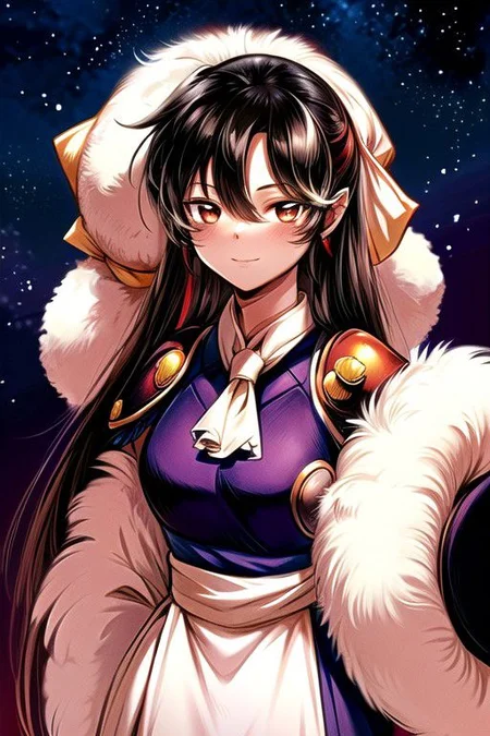 best quality 1girl Setsun4 solo long hair, (night time) forest background black hair very long hair purple eyes multicolored hair armor, small, (fur trim) (medium body),<lora:EMS-179-EMS:0.800000>,<lora:EMS-293862-EMS:0.800000> bow, hair_bow, hair_tubes, red_bow, brown_hair, long_hair, bangs, ascot, frilled_bow, yellow_ascot, blush, smile, hair_between_eyes, athletic, armor, miko, strengthmda, Smiling, happy, helmet