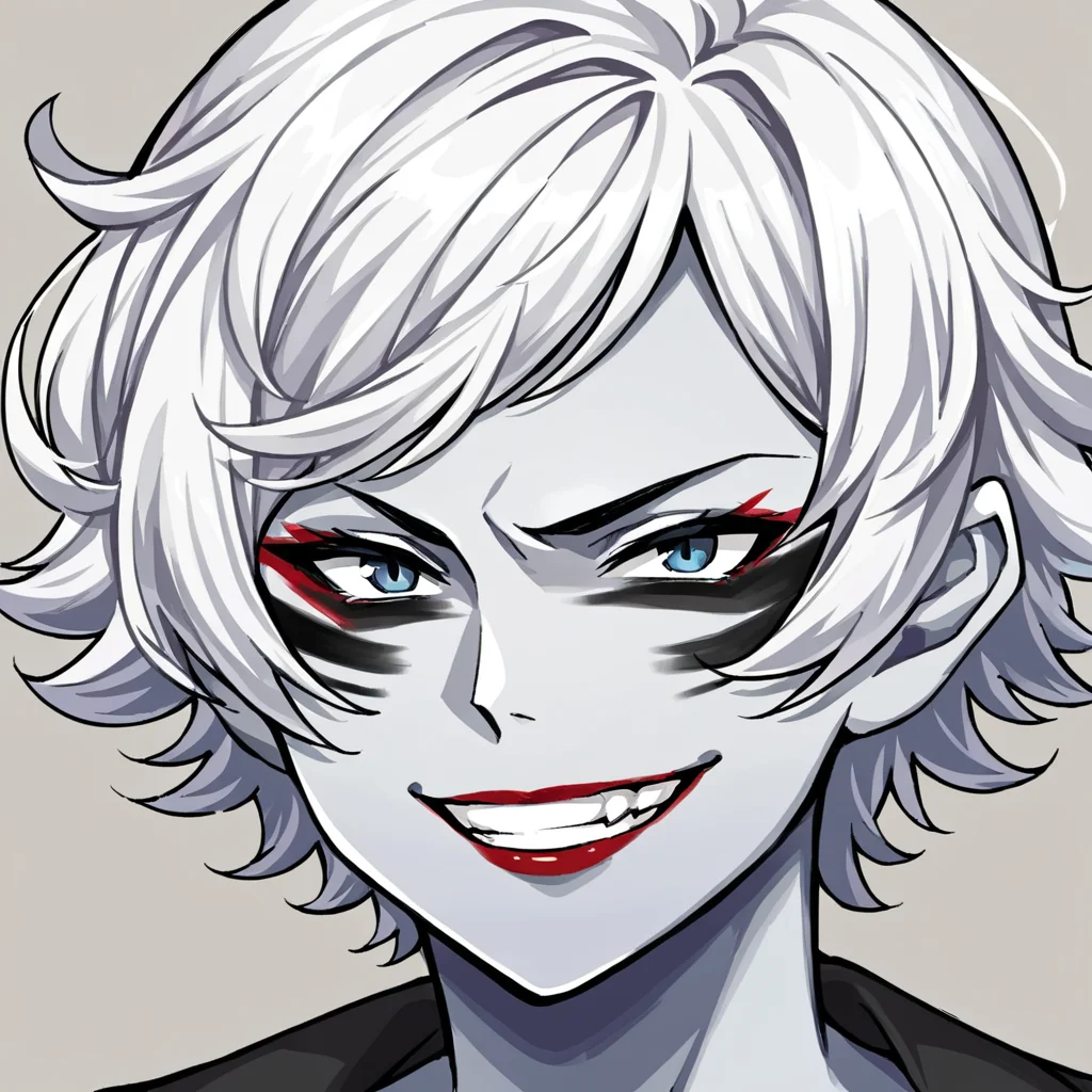 score_9, source_anime, 1girl, portrait, facepaint, grin, looking_at_viewer, short hair, grey skin, white hair, curly hair, lipstick <lora:RoegadynFFXIVPonyV1-02:1>