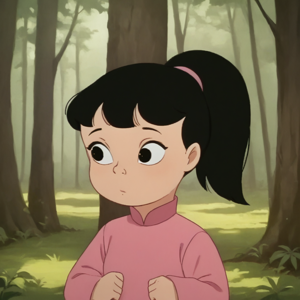 score_9_up, score_8_up, BREAK, Stormy, 1girl, solo, black hair, ponytail, black eyes, pink shirt, upper body, forest,  <lora:Stormy_TheManFromButtonWillow_PXL_Leaf2:1>