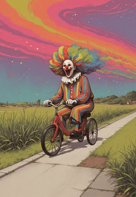 three quarter view, pennywise, male focus, solo, [clown], riding tricycle, sidewalk, grass,
vdsur, surreal, colorful background
masterpiece