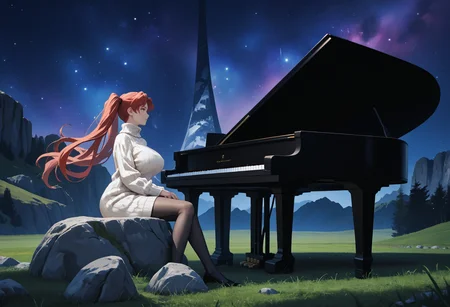 score_9, score_8_up, score_7_up, source_anime BREAK 1girl, solo, <lora:haloring-halo-richy-v1_pdxl:1> hlrng, horizon, mountainous horizon, vista, dark, darkness, night, night sky, starry sky, star \(sky\), nebula, galaxy, sky, full body, rock, field <lora:grandpiano-concept-richy-v1_pdxl:1> grand piano, sitting, playing piano, red hair, twintails, very long hair, yellow eyes, huge breasts, turtleneck sweater, white sweater, ribbed sweater, pantyhose, from side
