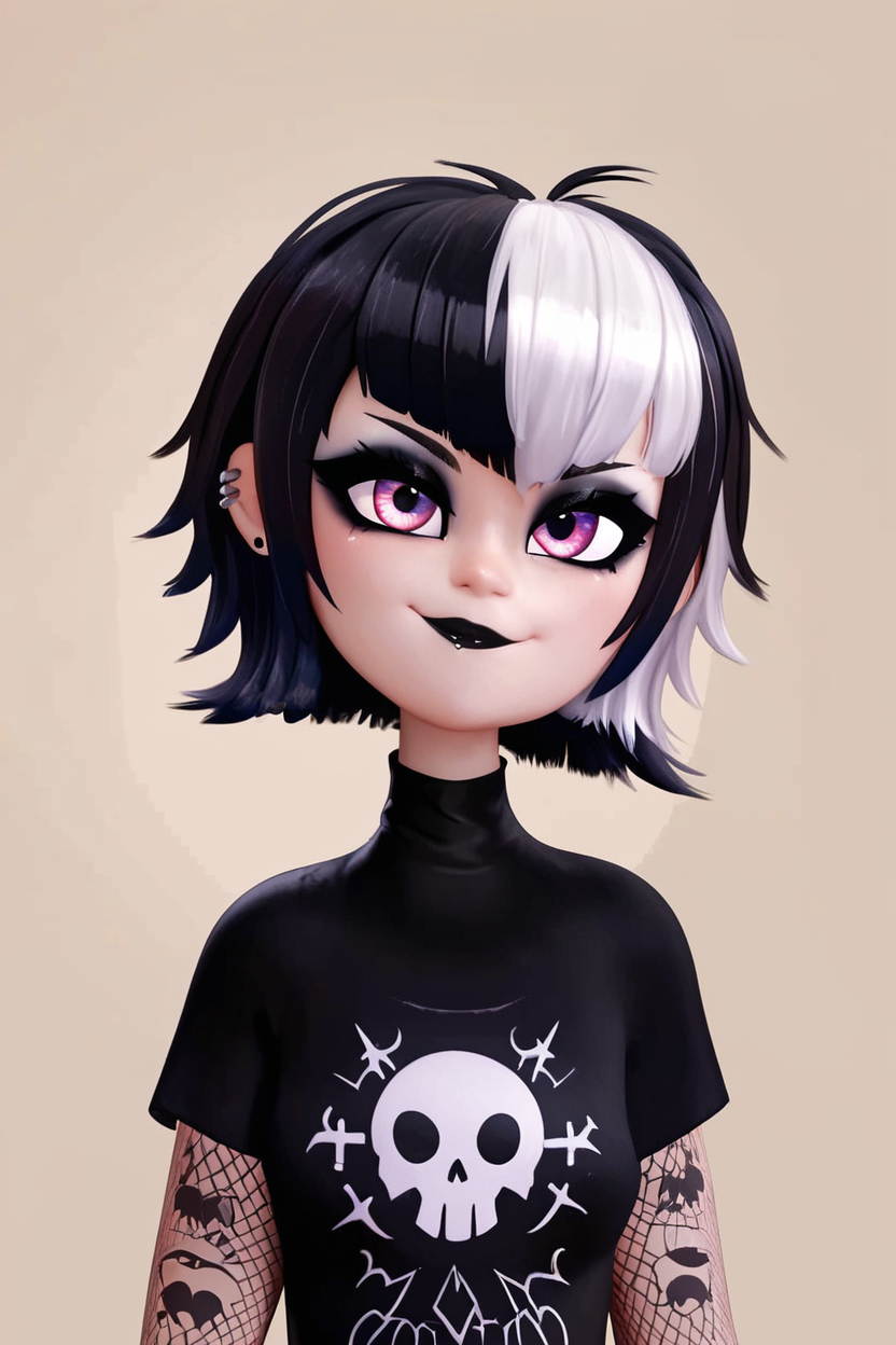 score_9, score_8_up, score_8, medium breasts, (curvy), cute, eyelashes,       BREAK, ,   ,,, <lora:GothMavis_PDXL:0.8>, zzGothMavis, black hair, white hair, makeup, short hair, black lips, multicolored hair, two-tone hair, ear piercing, eyeshadow, gothic, shirt, lipstick, tattoo, turtleneck, cross ,,, , BREAK, smile, closed mouth, looking at viewer, cowboy shot,  ,,, embedding:zPDXL, Expressiveh, ,,, <lora:MantisStyle_PDXL_v2:0.8>, <lora:SDXLFaeTastic2400:0.5>, <lora:Expressive_H-000001:0.4>,