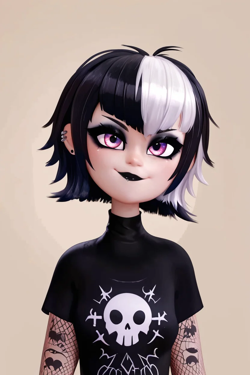 score_9, score_8_up, score_8, medium breasts, (curvy), cute, eyelashes, BREAK, , ,,, <lora:GothMavis_PDXL:0.8>, zzGothMavis, black hair, white hair, makeup, short hair, black lips, multicolored hair, two-tone hair, ear piercing, eyeshadow, gothic, shirt, lipstick, tattoo, turtleneck, cross ,,, , BREAK, smile, closed mouth, looking at viewer, cowboy shot, ,,, embedding:zPDXL, Expressiveh, ,,, <lora:MantisStyle_PDXL_v2:0.8>, <lora:SDXLFaeTastic2400:0.5>, <lora:Expressive_H-000001:0.4>,