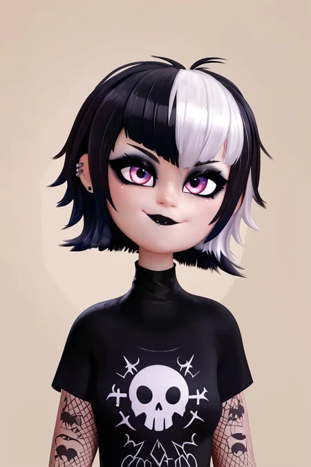 score_9, score_8_up, score_8, medium breasts, (curvy), cute, eyelashes, BREAK, , ,,, <lora:GothMavis_PDXL:0.8>, zzGothMavis, black hair, white hair, makeup, short hair, black lips, multicolored hair, two-tone hair, ear piercing, eyeshadow, gothic, shirt, lipstick, tattoo, turtleneck, cross ,,, , BREAK, smile, closed mouth, looking at viewer, cowboy shot, ,,, embedding:zPDXL, Expressiveh, ,,, <lora:MantisStyle_PDXL_v2:0.8>, <lora:SDXLFaeTastic2400:0.5>, <lora:Expressive_H-000001:0.4>,