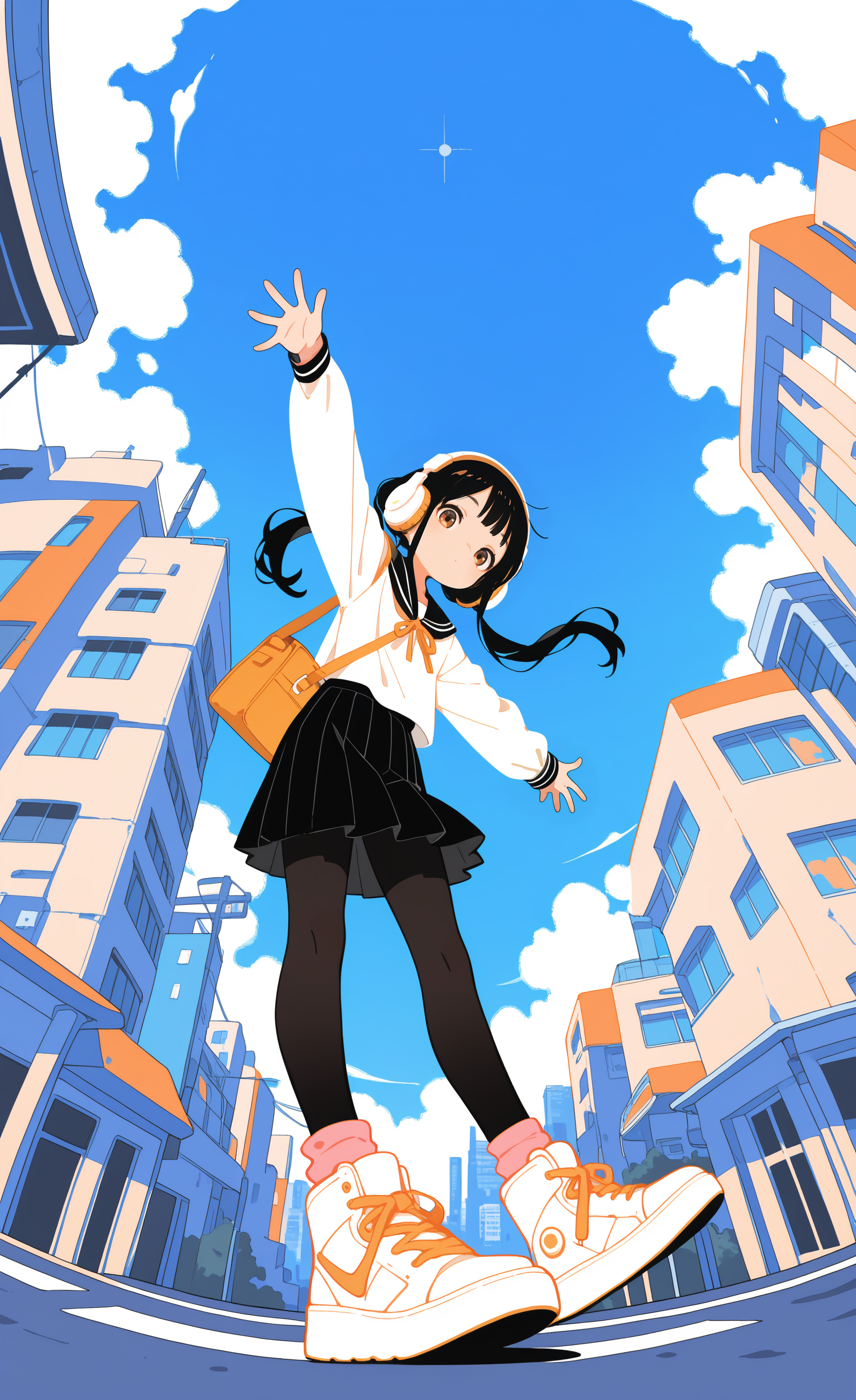 masterpiece,best quality,amazing quality, 1girl, solo, long hair, black hair, twintails, looking at viewer, outstretched arms, spread arms, shirt, skirt, long sleeves, brown eyes, school uniform, white shirt, pantyhose, pleated skirt, shoes, socks, black skirt, sailor collar, bag, black pantyhose, headphones, sneakers, black sailor collar, shoulder bag, pink socks, shoelaces, high tops, ligne claire, full body, from below, fisheye, outdoors,blue sky, cloud, city,building, colorful, limited palette, haiz_ai, no lineart,no outline, <lora:ponyv6_noobE11_2_adamW-000017:0.3> <lora:MeMaXL4:0.8> <lora:veluflora-wai:0.35> <lora:haiz_ai_illu:0.7>