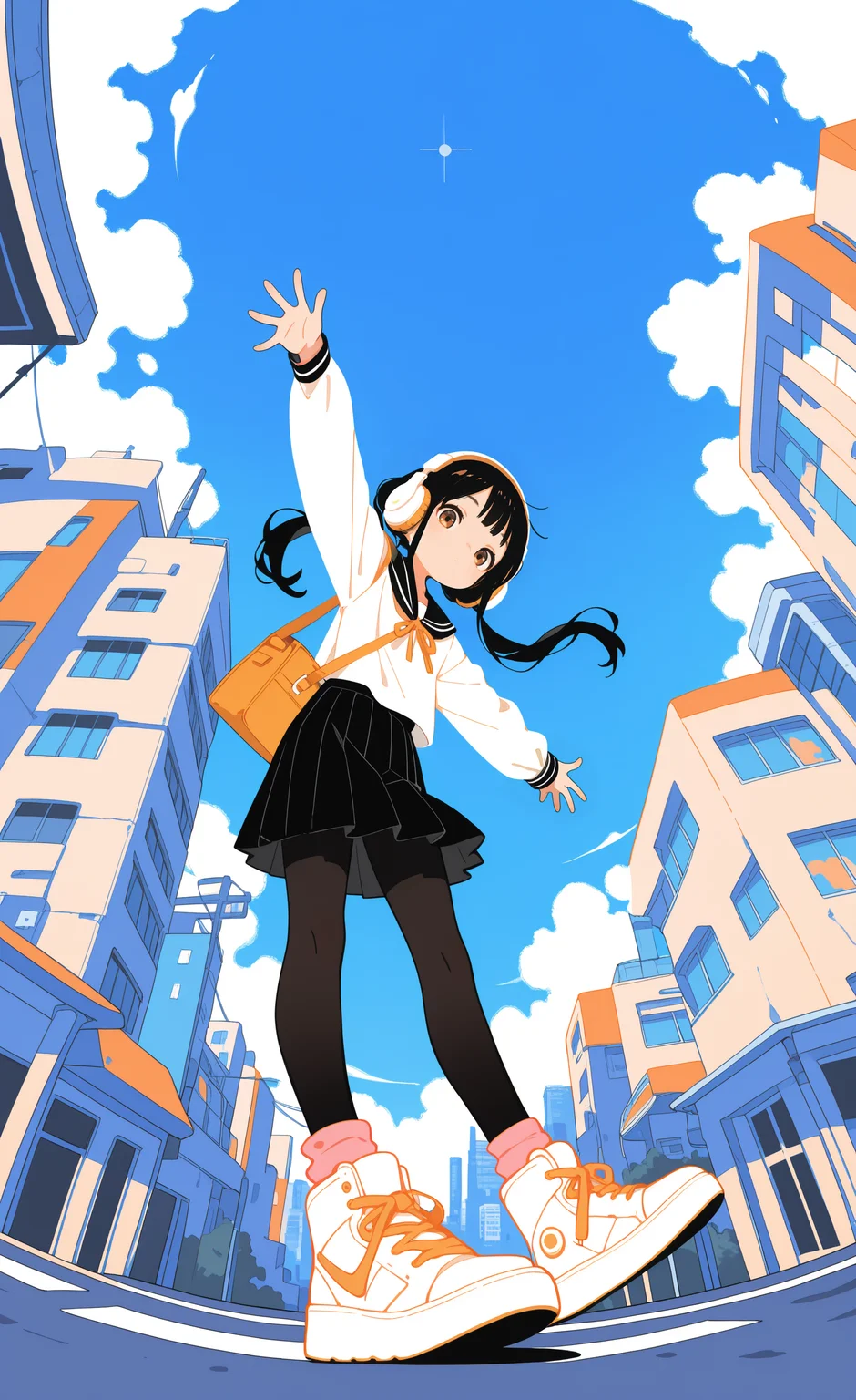 masterpiece,best quality,amazing quality, 1girl, solo, long hair, black hair, twintails, looking at viewer, outstretched arms, spread arms, shirt, skirt, long sleeves, brown eyes, school uniform, white shirt, pantyhose, pleated skirt, shoes, socks, black skirt, sailor collar, bag, black pantyhose, headphones, sneakers, black sailor collar, shoulder bag, pink socks, shoelaces, high tops, ligne claire, full body, from below, fisheye, outdoors,blue sky, cloud, city,building, colorful, limited palette, haiz_ai, no lineart,no outline, <lora:ponyv6_noobE11_2_adamW-000017:0.3> <lora:MeMaXL4:0.8> <lora:veluflora-wai:0.35> <lora:haiz_ai_illu:0.7>