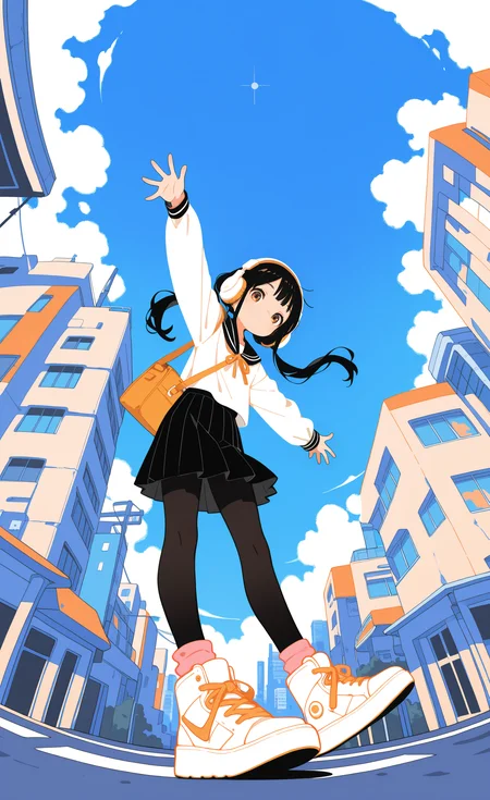 masterpiece,best quality,amazing quality, 1girl, solo, long hair, black hair, twintails, looking at viewer, outstretched arms, spread arms, shirt, skirt, long sleeves, brown eyes, school uniform, white shirt, pantyhose, pleated skirt, shoes, socks, black skirt, sailor collar, bag, black pantyhose, headphones, sneakers, black sailor collar, shoulder bag, pink socks, shoelaces, high tops, ligne claire, full body, from below, fisheye, outdoors,blue sky, cloud, city,building, colorful, limited palette, haiz_ai, no lineart,no outline, <lora:ponyv6_noobE11_2_adamW-000017:0.3> <lora:MeMaXL4:0.8> <lora:veluflora-wai:0.35> <lora:haiz_ai_illu:0.7>