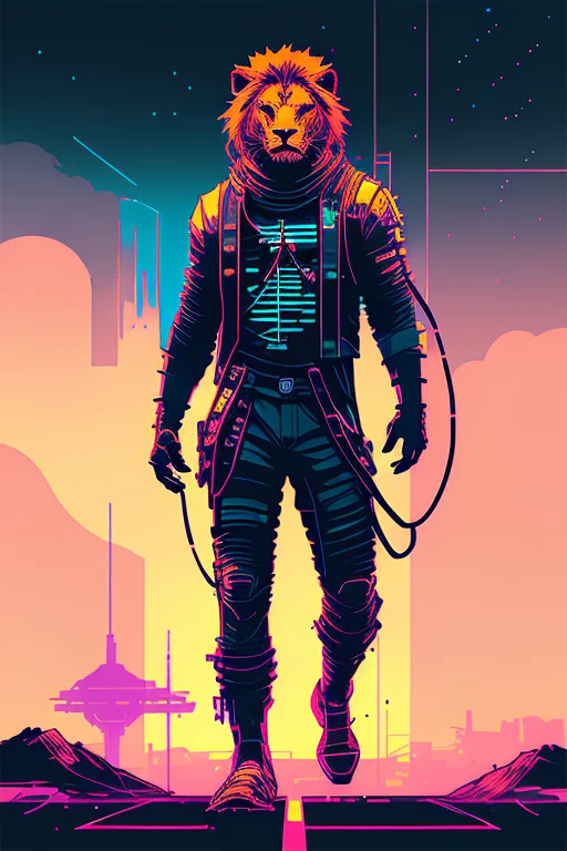 (nvinkpunk:1.2) (snthwve style:0.8) lion, anthro, lightwave, sunset, intricate, highly detailed