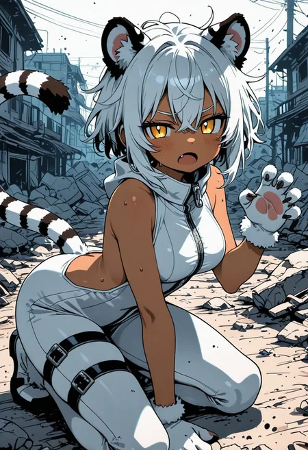1 white tiger girl, citrine eyes, tiger tail, tiger ears, messy hair, short hair, (grumpy:0.9), (exhausted:0.7), (open mouth:0.9), (fang:0.9), cute, tan, (sweat:0.7), 
medium breasts, thighs, 
tiger claw, full-length zipper, sideless, backless, sleeveless, tiger fur costume, thigh belt, dirt stain, 
fighting stance, hand on ground, claw pose, (leaning forward:1.1), 
white night, (abandoned village:0.9), (debris:0.9), dust, silver moonlight, windy, 
sharp focus, looking at viewer, from side, front view, 
(intricate:1.2), (white tone:1.1), (brown tone:0.9), (white theme:1.1), 
anime coloring, high contrast, 
(masterpiece:1.2), (best quality:1.2), (very aesthetic:1.2), (absurdres:1.2), (detailed background), newest, ai-generated, (intricate details:1.2),