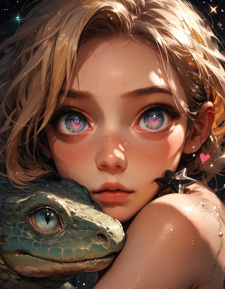score_9, score_8_up, score_7_up, score_6_up, score_5_up, score_4_up, girl and a lizard, (black star:1.2), girl has blonde hair and blue eyes, pink heart, small eyes, galaxy, black background