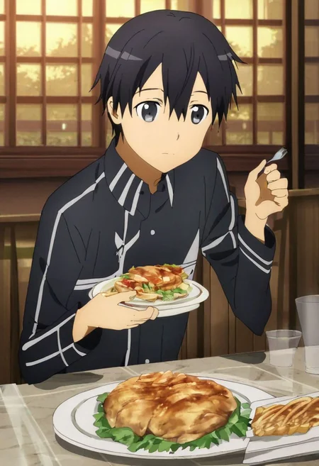 high resolution, solo, best quality, 1Boy, Kazuto Kirigaya, Black Hair, Black Eyes, dating, romantic, dinner, OverallDetail