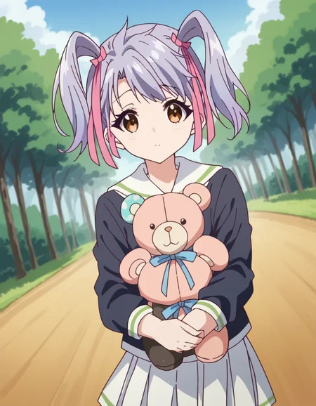 score_9, score_8_up, score_7_up, source_anime, <lora:kurumi-kumamakura-s1-ponyxl-lora-nochekaiser:1>, kurumi kumamakura, short hair, ribbon, twintails, brown eyes, hair ribbon, purple hair, pink ribbon,, skirt, long sleeves, school uniform, pleated skirt, stuffed toy, white skirt, stuffed animal, teddy bear, holding stuffed toy, bike ride, countryside, dirt road, trees, afternoon sun, peaceful, alone, , looking at viewer, v,, solo,, dutch angle,