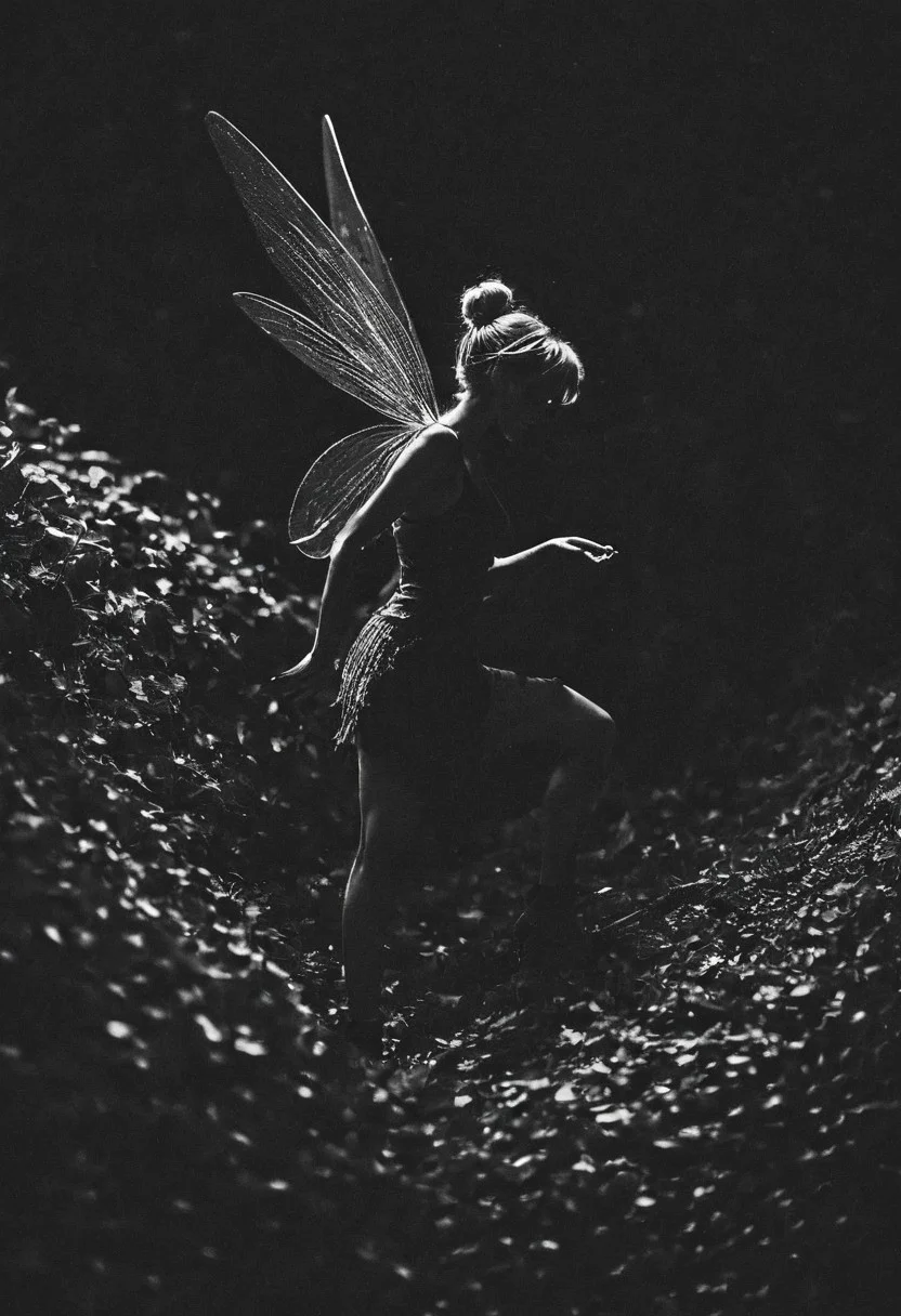 high-contrast palette, subtle grain, timeless feeling, cinematic quality, modern art photograph, Tinkerbell, highly detailed