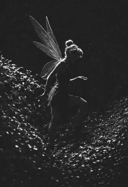 high-contrast palette, subtle grain, timeless feeling, cinematic quality, modern art photograph, Tinkerbell, highly detailed