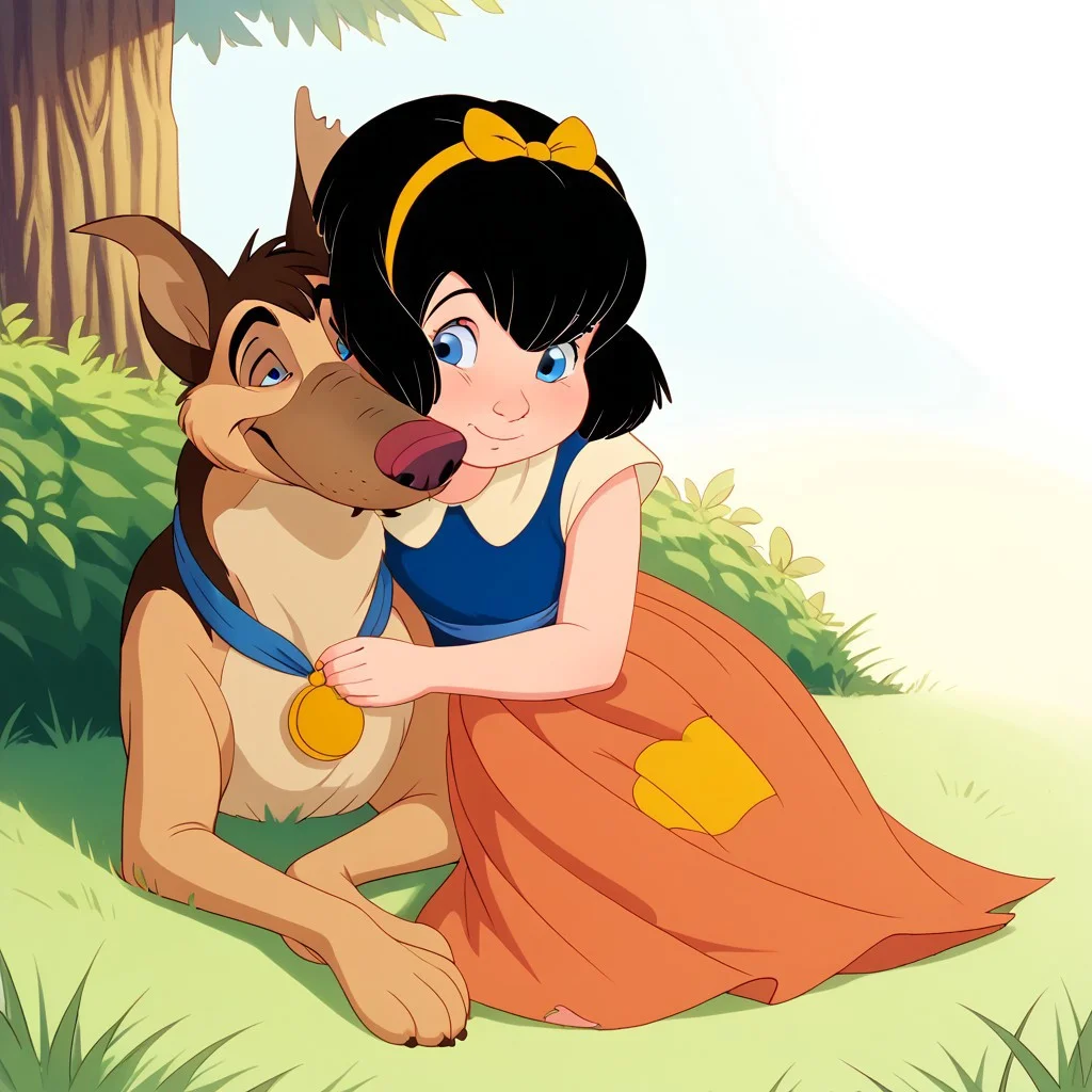 score_9, solo, score_9, charlie_adgth, dog, anne-marie, black hair, hairband, blue eyes, dress, sitting, cuddling, cheek kiss, cute, outdoors, grass, natural lighting