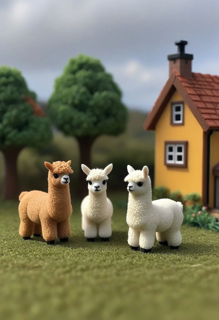 three fluffy miniature alpacas in 3d printed house, the alpacas are differently colored and differently sized, CreepyCuteMagical, novuschroma53 style