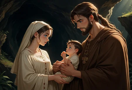 score_9, score_8_up, score_7_up, score_6_up, score_5_up, score_4_up, source_anime, (high quality:1.2), cinematic lighting, extremely detailed, 1girl Mary, 1man Joseph, 1baby Jesus. pretty Mary (brunete, pale skin, blue eyes), Jesus in the manger, Joseph next to Mary , ancient bible clothing, simple dress, Mary holding baby kid Jesus,
holy family, (mother, father and son), , (Joseph short beard, Mary and Jesus), in a cave, old stable, in the stable, nativity scene
