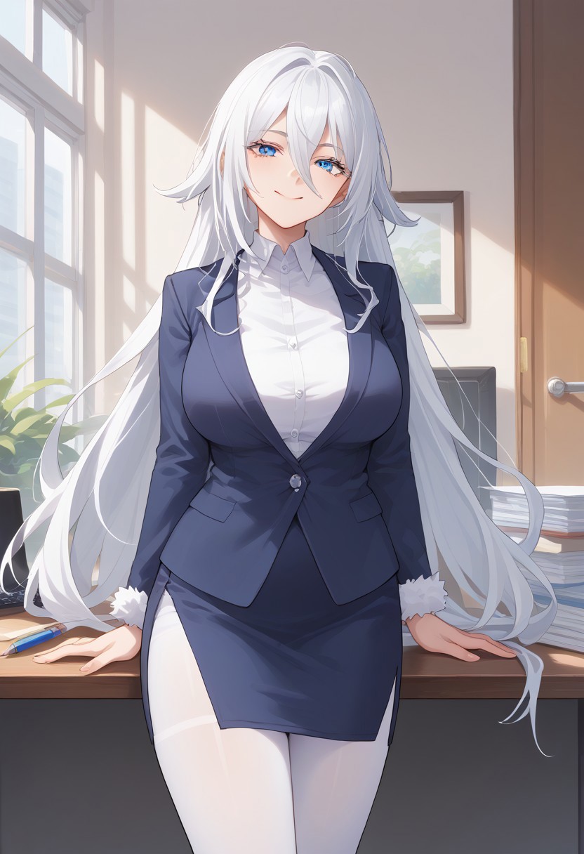 score_9, score_8_up, score_7_up, source_6_up, source_anime,  1girl, mature female, solo, coyboy shot, svysd, very long hair, white hair, blue eyes, looking at viewer, smile, (smug:0.5), office lady, fur-trimmed blazer, blue blazer, white shirt, blue skirt, pencil skirt, white pantyhose, standing on the other side of an office desk, open door in background,