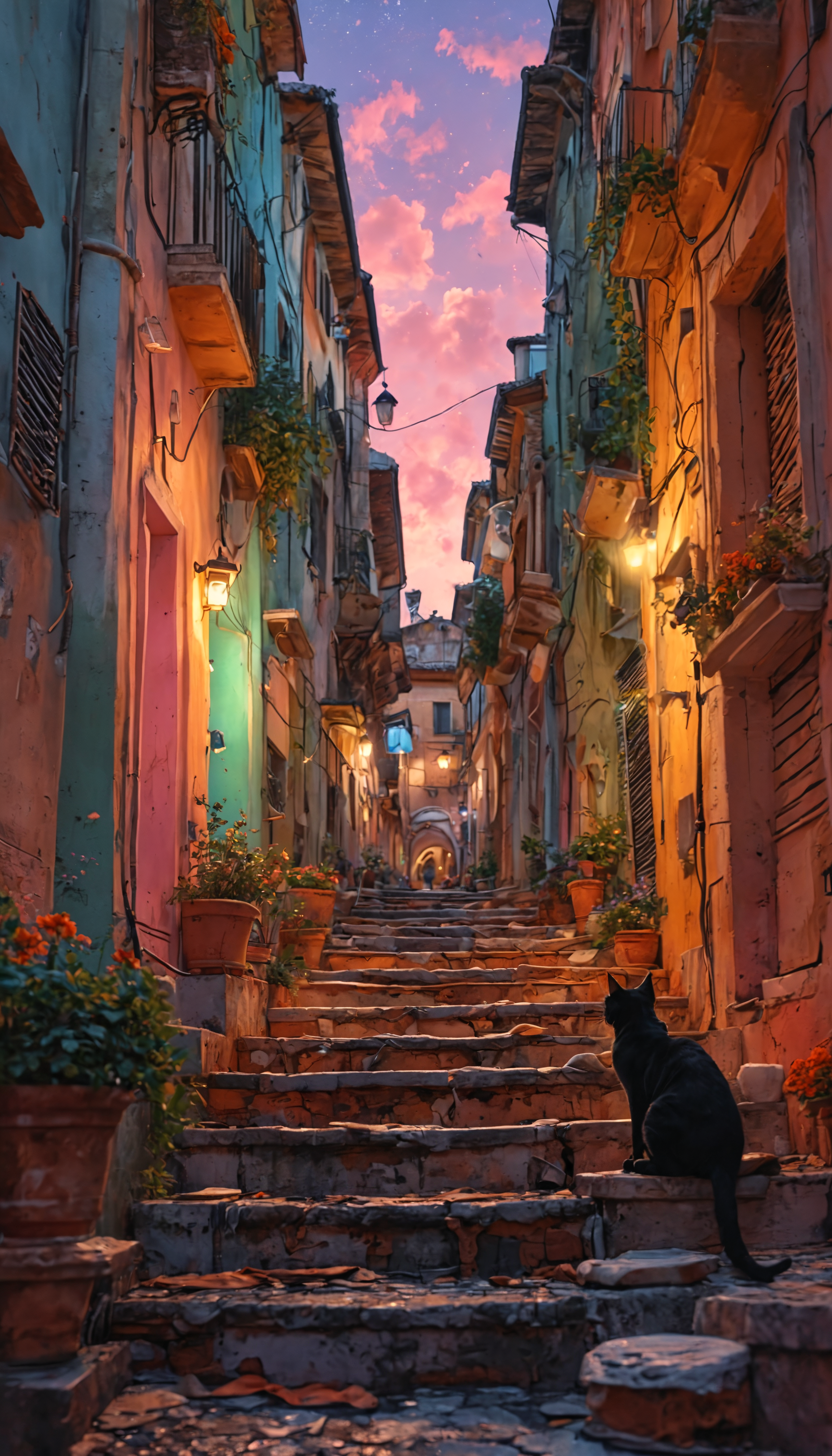 Masterpiece, Concept Art, A busy Alley in Rome Italy, tourists shopping, magical evening sky, black 1cat sits of steps observing, vibrant, aesthetic , extreme details, 8k resolution detailed, trending on artstation, pastel colours <lora:MJ52:0.5>