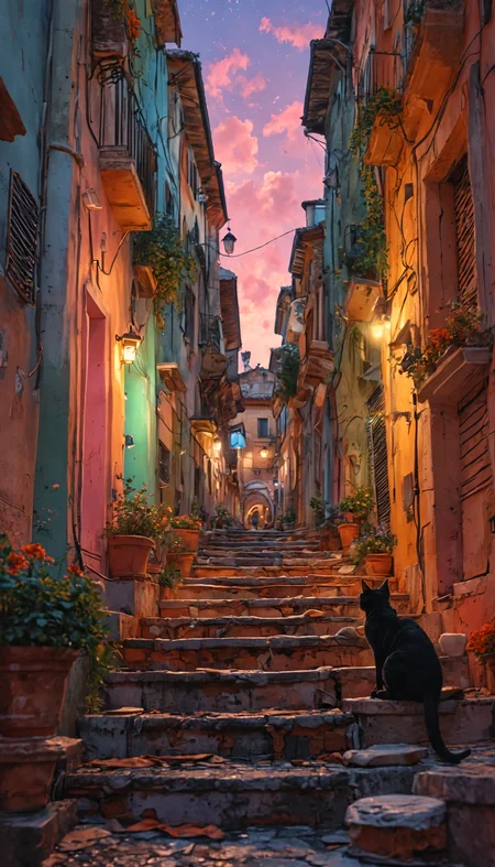 Masterpiece, Concept Art, A busy Alley in Rome Italy, tourists shopping, magical evening sky, black 1cat sits of steps observing, vibrant, aesthetic , extreme details, 8k resolution detailed, trending on artstation, pastel colours <lora:MJ52:0.5>