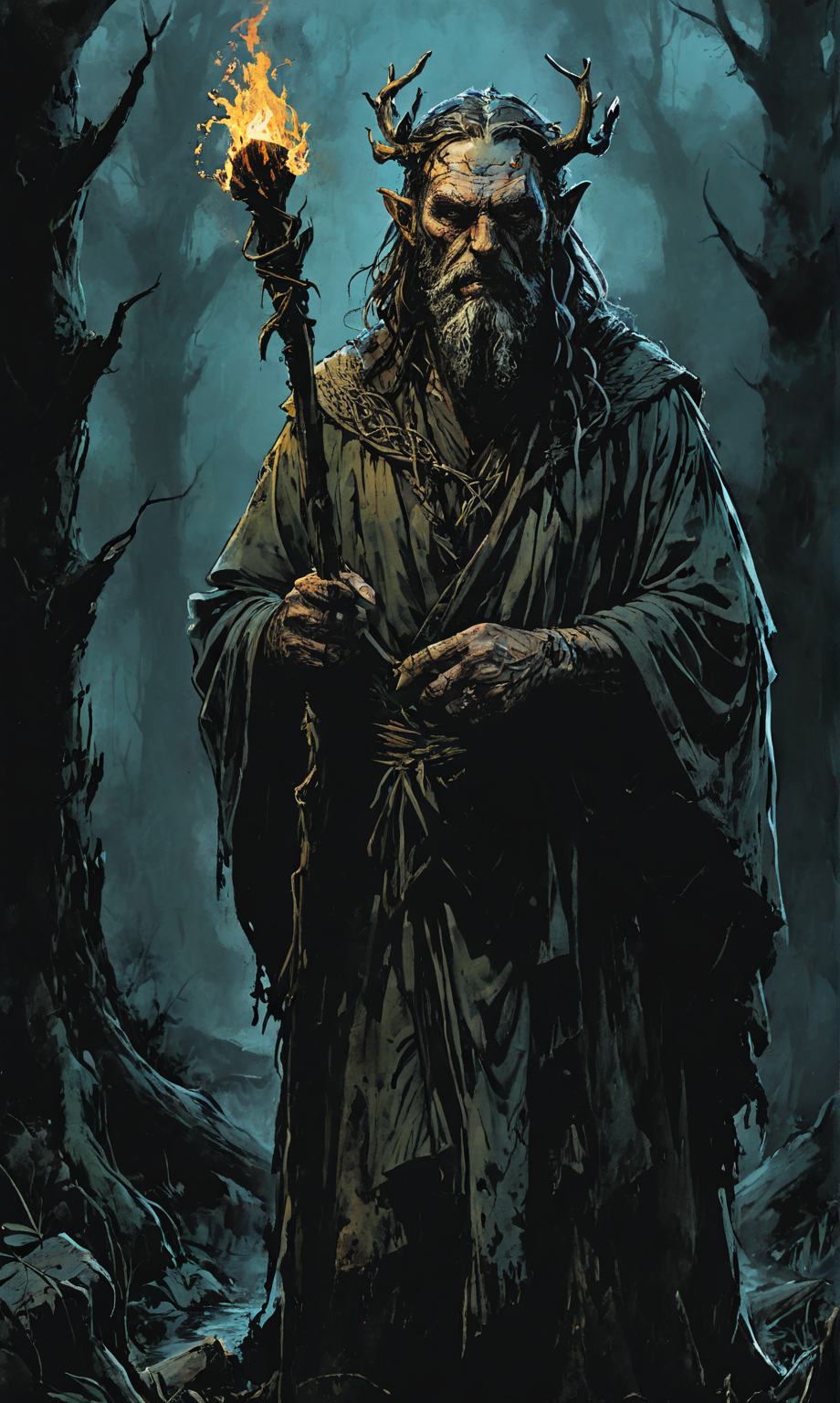 A (comic style image:1.4) a ugly Water druid standing in a dark forest wearing ragged torn robes, holding a polished oak staff, Celtic knots, ethereal magical light, blistering campfire. A dark and haunting style
