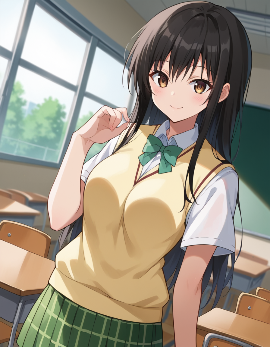 score_9, score_8_up, score_7_up, source_anime,
yuikotegawa, <lora:yui-kotegawa-darkness-ponyxl-lora-nochekaiser:1>,
yui kotegawa, black hair, brown eyes, long hair,
green skirt, plaid, plaid skirt, sainan high school uniform, school uniform, skirt, sweater vest, yellow sweater, short sleeves,
indoors, classroom, smile,
looking at viewer, dutch angle, cowboy shot,