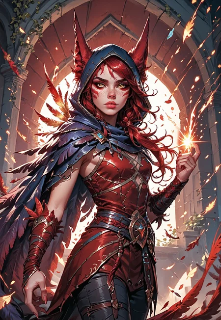 ((zPDXL3)), ((masterpiece,best quality, highly detailed)), ((score_9)), score_8_up, score_7_up, score_6_up, score_5_up, score_4_up, Digital painting style, brushstrokes, ((EnhanceImage)), solo, 1girl, XayahLoLXL, facial mark, yellow eyes, red hair, long hair, bangs, hair over one eye, animal ears, ears through headwear, medium breasts, hood up, hood, feathers cloak, red dress, red skirt, guantlets, black pants, black bandaged, monster bird feet,
Expressiveh, 30yo, adult lustful confident woman, petite, slender body, perky saggy natural breasts, full lips, bangs, sidelocks, straps,
chinese magical sorceress, animated, swirling magic, wisps of magic, dancing pose, tight squeezed outfit, magical accessories, evoking motion, conveying motion, dynamic splash art, 
<lora:PainterlyFantasiaPDXL:0.6>,