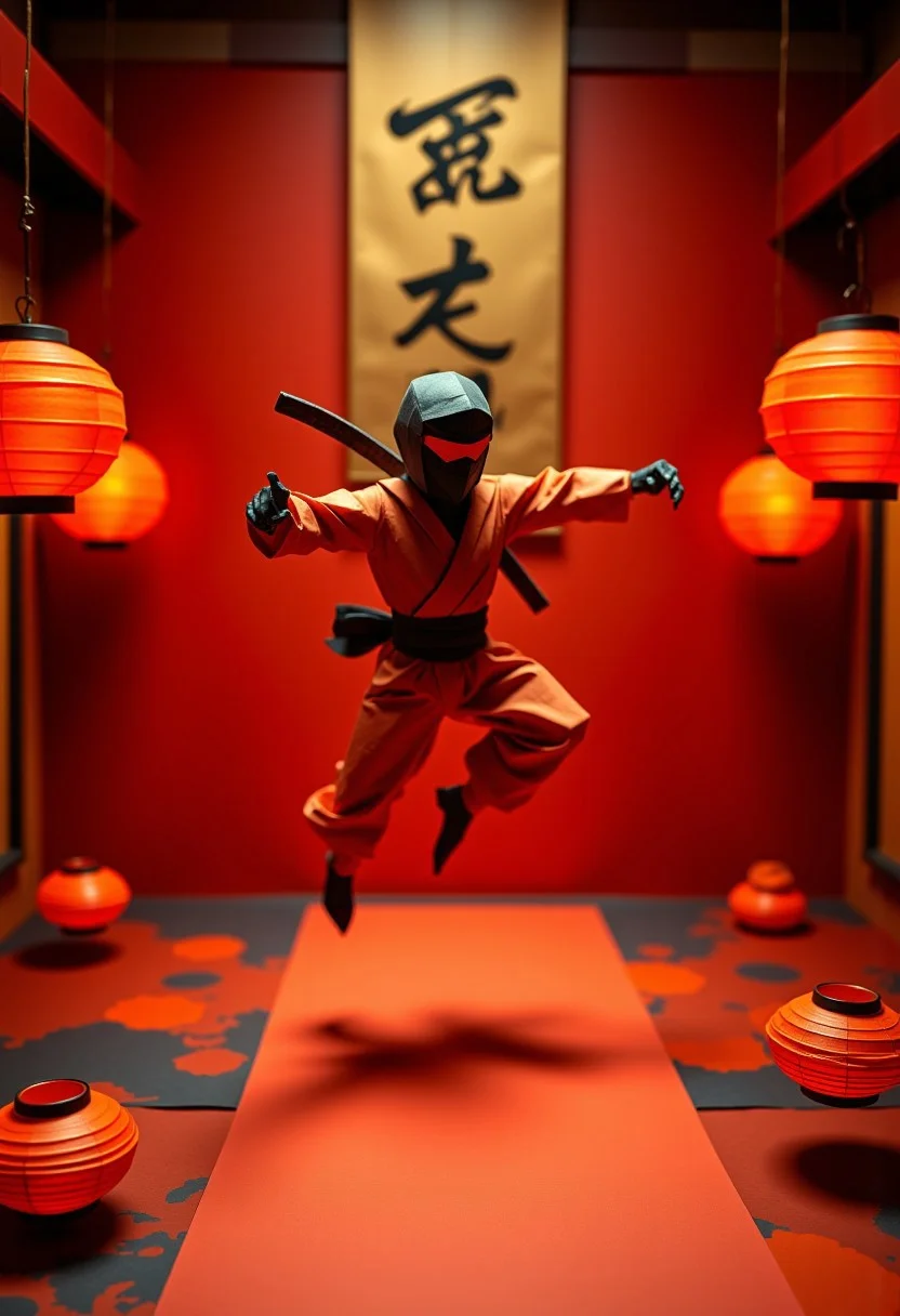An origami ninja made entirely of paper, set in a traditional Japanese dojo with a red and gold color theme. he is mid-leap in a dynamic combat stance, surrounded by floating origami weapons. The lighting casts dramatic shadows from glowing paper lanterns, creating a warm and intense atmosphere. The style resembles a minimalist ink wash painting, with crisp paper folds, subtle ink splatters, and a slightly blurred background for a sense of action. A gold sign on the wall behind her reads '@michealversa' in elegant lettering.