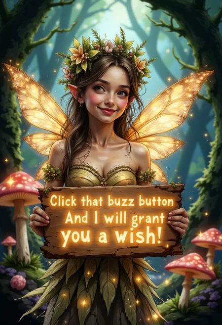 A magical, enchanting fairy with glowing, translucent wings and a playful expression, holding a sparkling sign that reads 'Click that buzz button, and I will grant you a wish!' in glowing, golden text. The fairy is winking mischievously, with a warm smile, surrounded by a whimsical, dreamy forest with glowing mushrooms, soft ambient light, and twinkling stars. The text on the sign appears as if it's pulsating with a magical glow. The fairy is dressed in an elegant, ethereal outfit made of shimmering petals and leaves, with a radiant aura around her. The background is a mix of vibrant greens, blues, and purples, evoking a mystical and inviting atmosphere. The composition is framed vertically (9:16), with the focus on the fairy and her sign."
Settings Suggestions:
Lighting: Soft, glowing, magical lighting with sparkles and subtle lens flares.
Style: Fantasy, whimsical, highly detailed, and vibrant.
Camera Focus: Slightly shallow depth of field to highlight the fairy and the glowing sign.
Colors: Golds, greens, and purples dominate the palette, with accents of soft whites and blues.