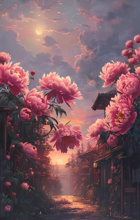 masterpiece,best quality,<lora:tbh326-sdxl:0.9>,illustration,style of Alena Aenami decaying peonies