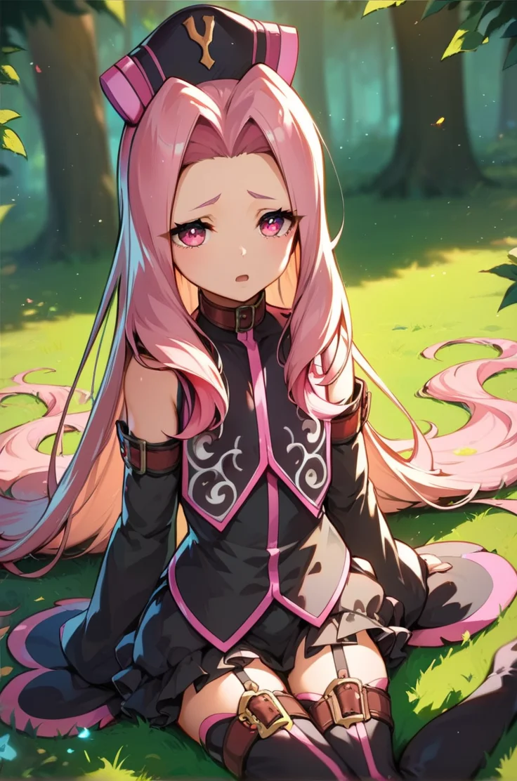 score_9, score_8_up, score_7_up, very aesthetic, source_anime, detailed, high quality, beautiful, masterpiece, detailed eyes,
<lora:lightXL:0.8>
forest, blurry background, magic effects,
<lora:action-sdxl-V0.5:1>zdyna_pose
dynamic angle, upper body, close up,
sad, open mouth, upper body, sitting
<lora:arietta_autismConfetti_v01:0.99>flat chest,
1girl, arietta \(tales\), black headwear, pink hair, pink eyes, garter straps, thighhighs, thigh boots, very long hair, zettai ryouiki, detached sleeves, parted hair, frills, black dress,, zPDXL