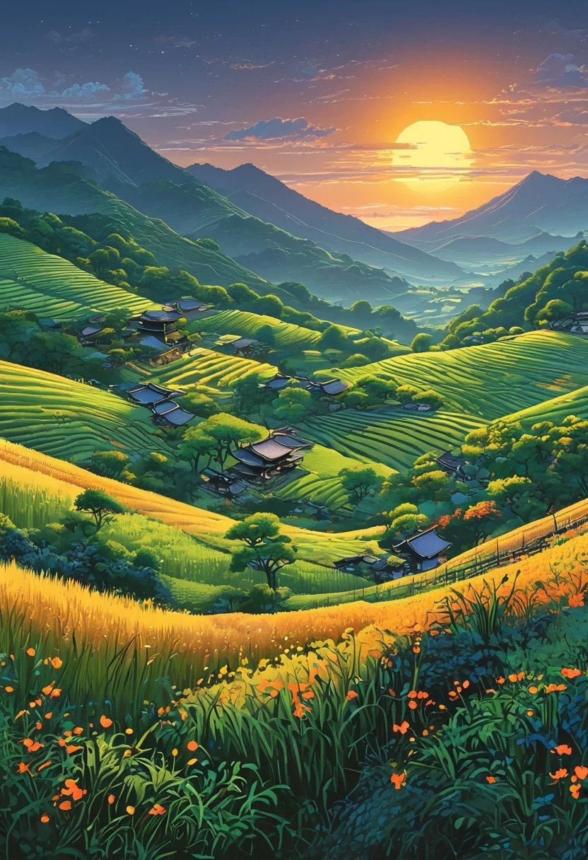 A captivating night scene illustration the Japanese Countryside This enchanting artwork captures a serene and peaceful early morning, where the sun is just starting to rise over the beautiful hills and, creating a cinematic experience 
 illustration, cinematic
<lora:DonM3t3rn1tyXL-v1.1:0.7>, DonM3t3rn1tyXL,
OverallDetailXL  <lora:MJ52:0.3>  <lora:SDXLFaeTastic2400:0.4>  <lora:EpicF4nta5yXL:0.7>