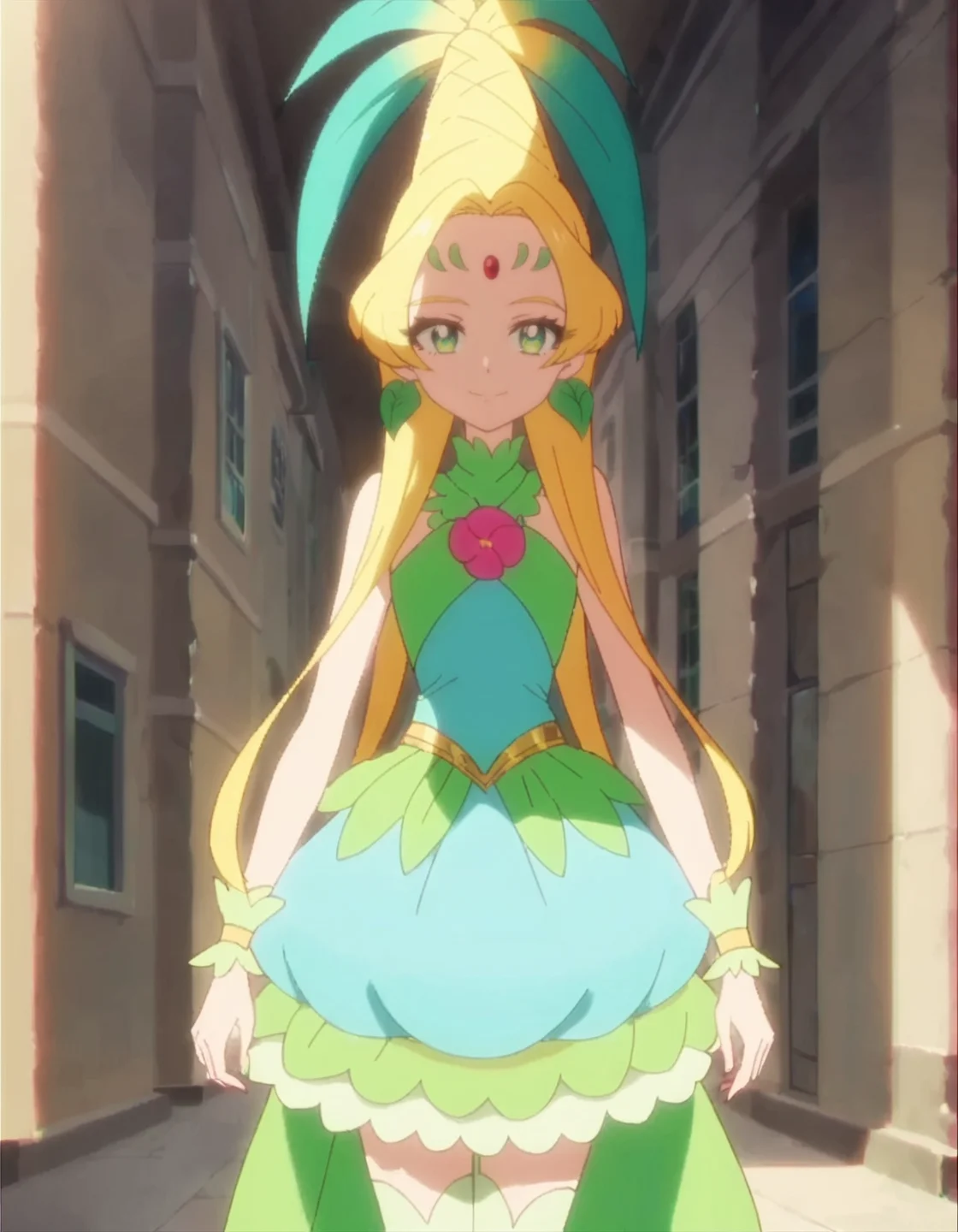 score_9, score_8_up, score_7_up, anime screencap, solo,1girl,cureoasis,jewelry, earrings, thighhighs, looking at viewer, smile, wrist cuffs,green skirt, dress, forehead mark, sleeveless,<lora:cureoasis:0.8>,