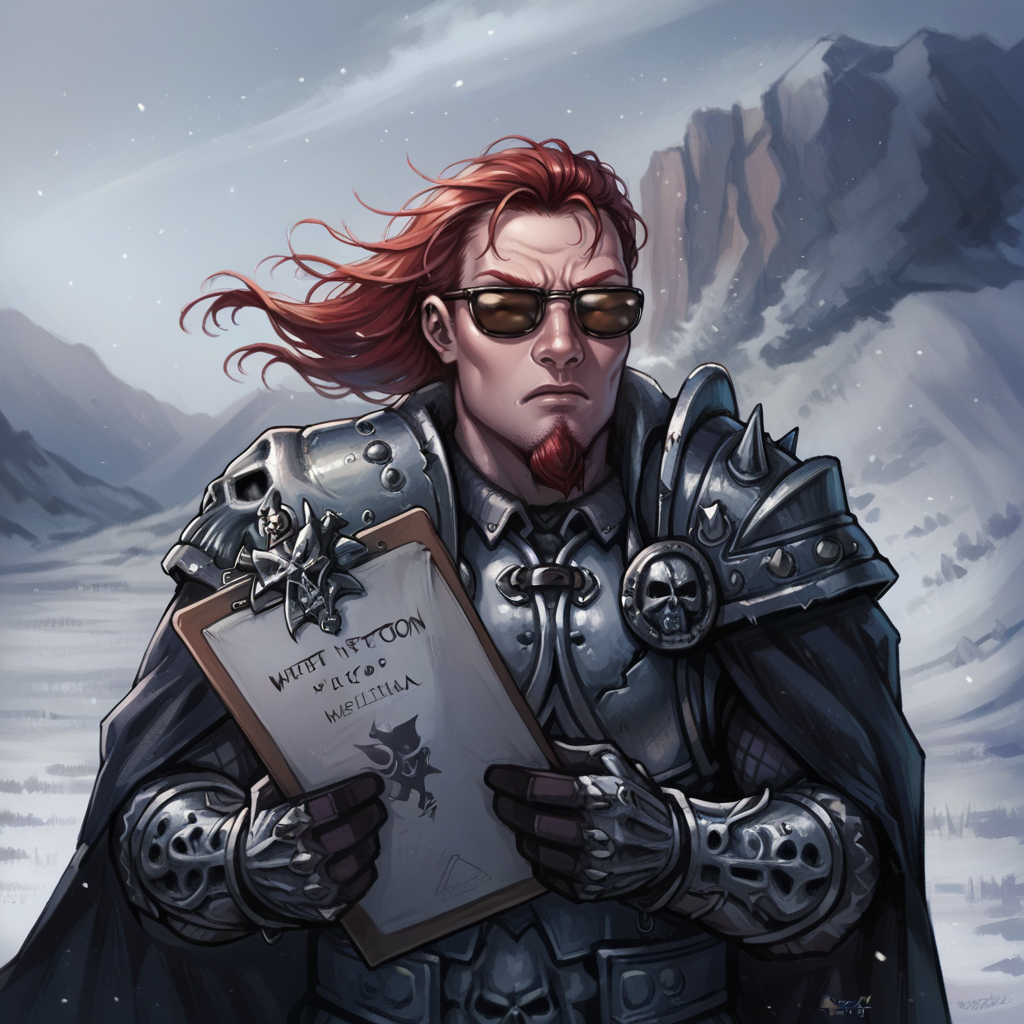 score_9, score_8_up, score_8, score_7_up, 1girl, solo, upper body, angry look, holding clipboard, wind, snow, outdoors,
<lora:Postal_Dude_Clothings__Character_Postal_2_1:0.7> sulfs-p2d00d, beard, goatee, red hair, sunglasses,  <lora:arthas:1> wearing arth4s armor,